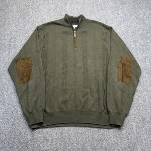 Alex Cannon Mens Olive Green Quarter‎ Zip Cable Knit Sweater Elbow Patches Large